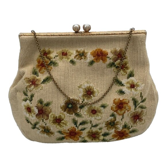 Vintage 60s Christine Needlepoint Purse Petit Point Handbag Floral Kiss Lock - Picture 1 of 5